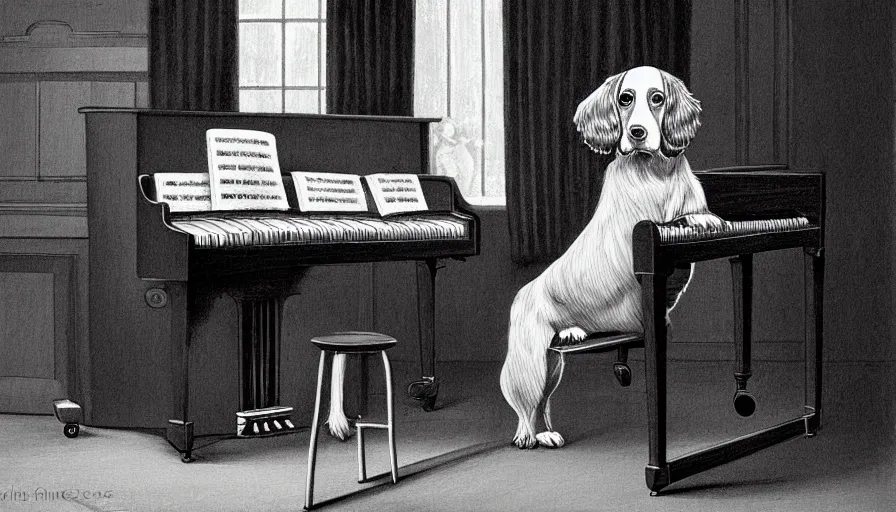 Prompt: sprocker Spaniel , sat down playing a piano.modern. Martini on the side, detailed illustration. Artwork. B&W