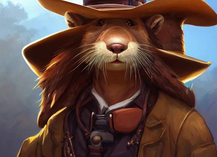 Image similar to character portrait feature of the anthro male anthropomorphic otter fursona wearing cowboy outfit wild west desperado character design stylized by charlie bowater, ross tran, artgerm, makoto shinkai, detailed, soft lighting, rendered in octane