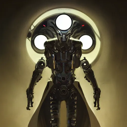 Image similar to portrait of a character with many robotic eyes, wearing sleek clothes, wearing a flowing white tailcoat, wearing a futuristic insectoid armored white mask with five circular lenses for eyes, the mask covers his entire face, many eyes, dramatic lighting, illustration by Greg rutkowski, yoji shinkawa, 4k, digital art, concept art, trending on artstation