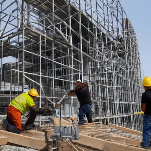 Prompt: construction workers working on a square portal