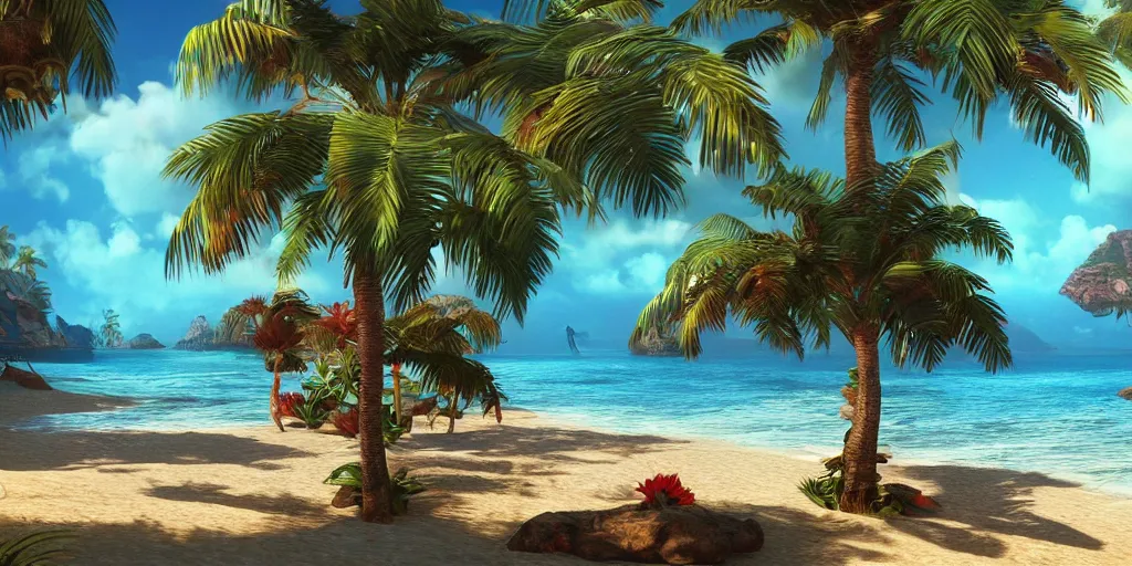 Prompt: the most beautiful tropical island, seashore, flowers, palmtrees, animals, bokeh, godrays, highly detailed, lowbrow, cinematic, artstation