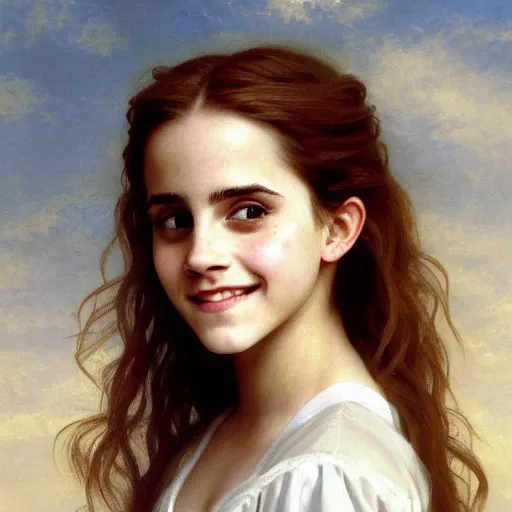 Image similar to Painting of Emma Watson as Hermione Granger. Young. Smiling. Happy. Cheerful. Prisoner of Azkaban. Art by william adolphe bouguereau. Extremely detailed. Beautiful. 4K. Award winning.