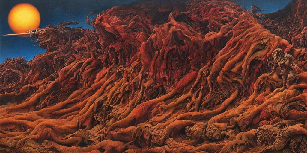 Prompt: visions of hell, fluid, smooth, organic, crazy, bright, colours, tumours, high contrast, sharpness, dramatic, very detailed, intricate, by giger and corben and moebius and beksinski and bosch and bacon