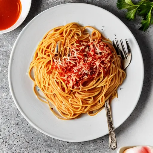 Image similar to a plate with spaghetti on it, it is garnished with a whole garlic, cookbook photo