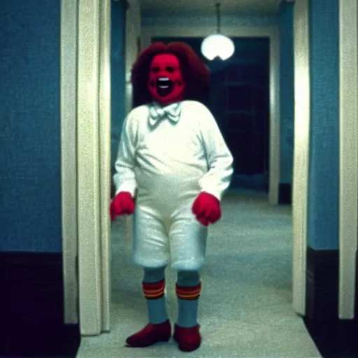 Prompt: A still of Ronald McDonald in The Shining (1980)
