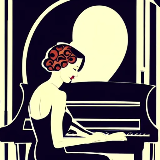 Prompt: beautiful woman with an halo, wearing an black dress and sitting in an piano, 3 0 s cartoon style art