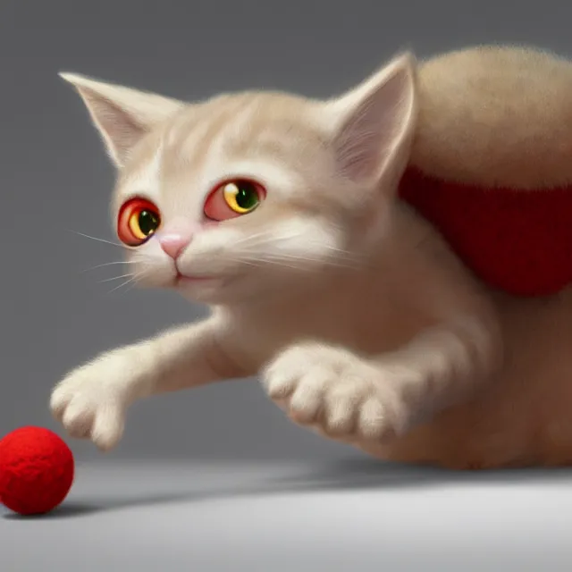 Image similar to a painting of a cute light beige kitten with brown ears and face and legs and tail playing with a red yarn ball. white paws. big eyes. character design by cory loftis, fenghua zhong, ryohei hase, ismail inceoglu and ruan jia. volumetric light, detailed, rendered in octane
