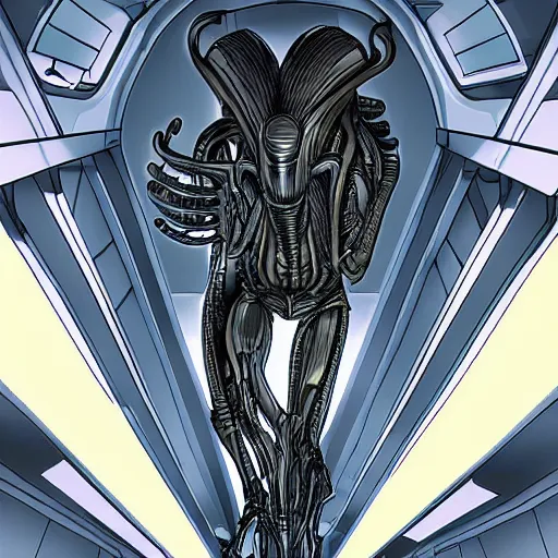 Image similar to a xenomorph crawling in a spaceship corridor, dark light, highly detailed digital art