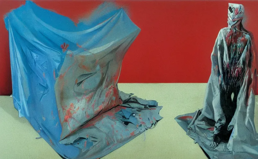 Prompt: an empty room in the style of constructivism, exhibition of paintings 8 0 s, trash bag on head, blurred, grotesque, doomed, neural acrylic paint, high resolution, gouache on canvas, ultra detailed, vibrant colors, grotesque, wrapped thermal blue and red background, slimey, art by francis bacon, beksinski painting