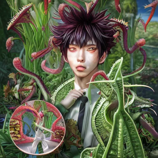 Prompt: the portrait of the beautiful, elegant, succulent venus flytrap man, hyperrealistic anime illustration by kim jung gi, iralki nadar, extremely detailed intricate linework, reflective eyes, smooth, super sharp focus, bright colors, high contrast, matte, octopath traveler, unreal engine 5 highly rendered, global illumination, radiant light, 8 k