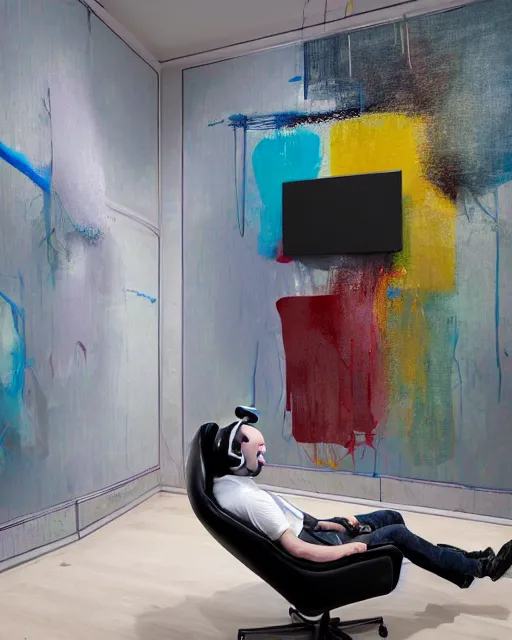 Prompt: a man reclines in a gaming computer chair with headphones on a controller inhand in a domestic interior filled with screens by james jean and luc tuymans and beeple and hernan bas and pat steir and hilma af klint, psychological, 3 d, dripping paint, high quality render, masterpiece