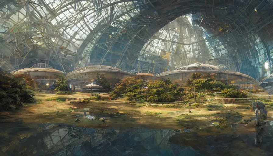 Image similar to craig mullins and ghibli digital illustration of a giant biodome in outer space, astrophotography, colorful, unreal engine, hyper realism, realistic shading, cinematic composition, realistic render, octane render, detailed textures, photorealistic, wide shot,