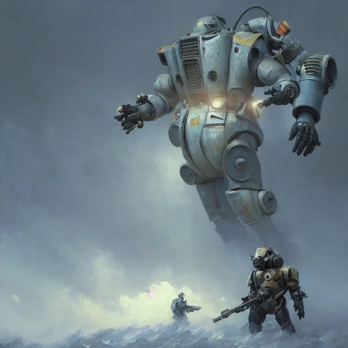 Image similar to a beautiful oil painting of a t - 4 5 power armor, fallout 4 by ivan aivazovsky and greg rutkowski and james gurney and frank lloyd and sung choi and monet, in style of impressionnisme. hyper detailed, sharp focus, soft light. unreal engine 5 lumen. ray tracing. trending on artstation. oil on canvas