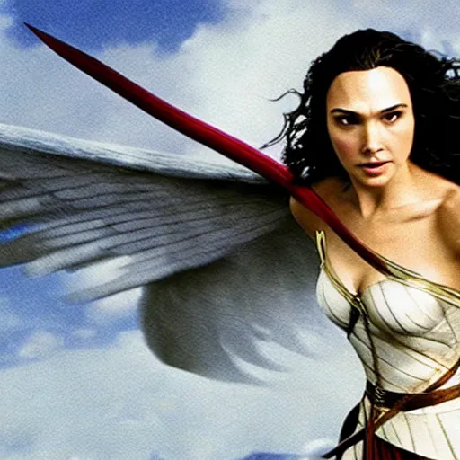 Prompt: a still from “ lord of the rings ” of a 3 5 mm photo portrait of gal gadot as a female red - skinned, flying, winged tiefling warlock, photo by phil noto