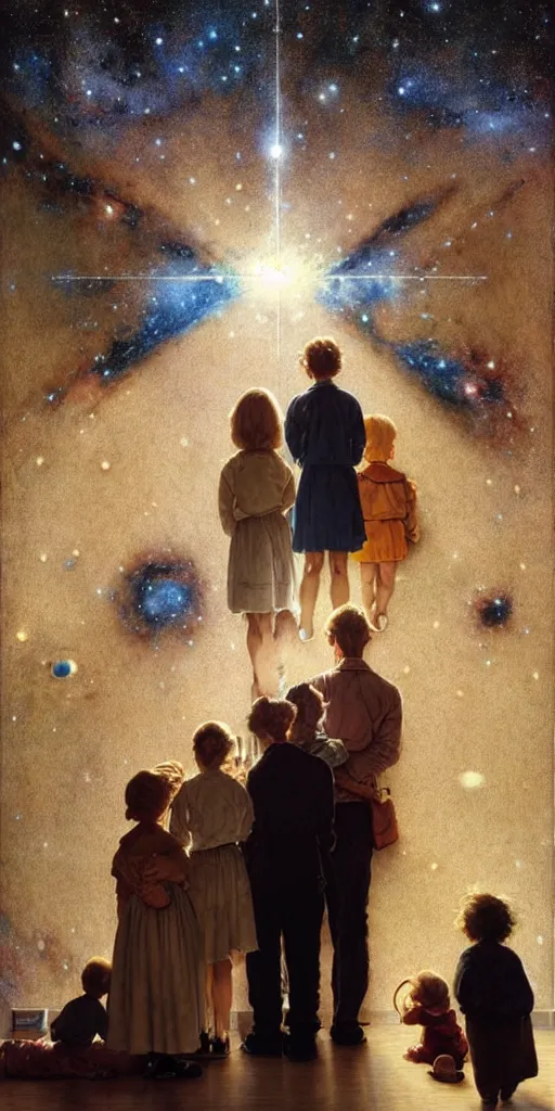 Image similar to a mother a father and 8 children looking at the wall of their bedroom and seeing the universe full of galaxies and planets, imagination, part by norman rockwell, part by greg rutkowski, part by mattias adolfsson, high angle, ( ( ( ( volumetric lighting ) ) ) ), oil on canvas