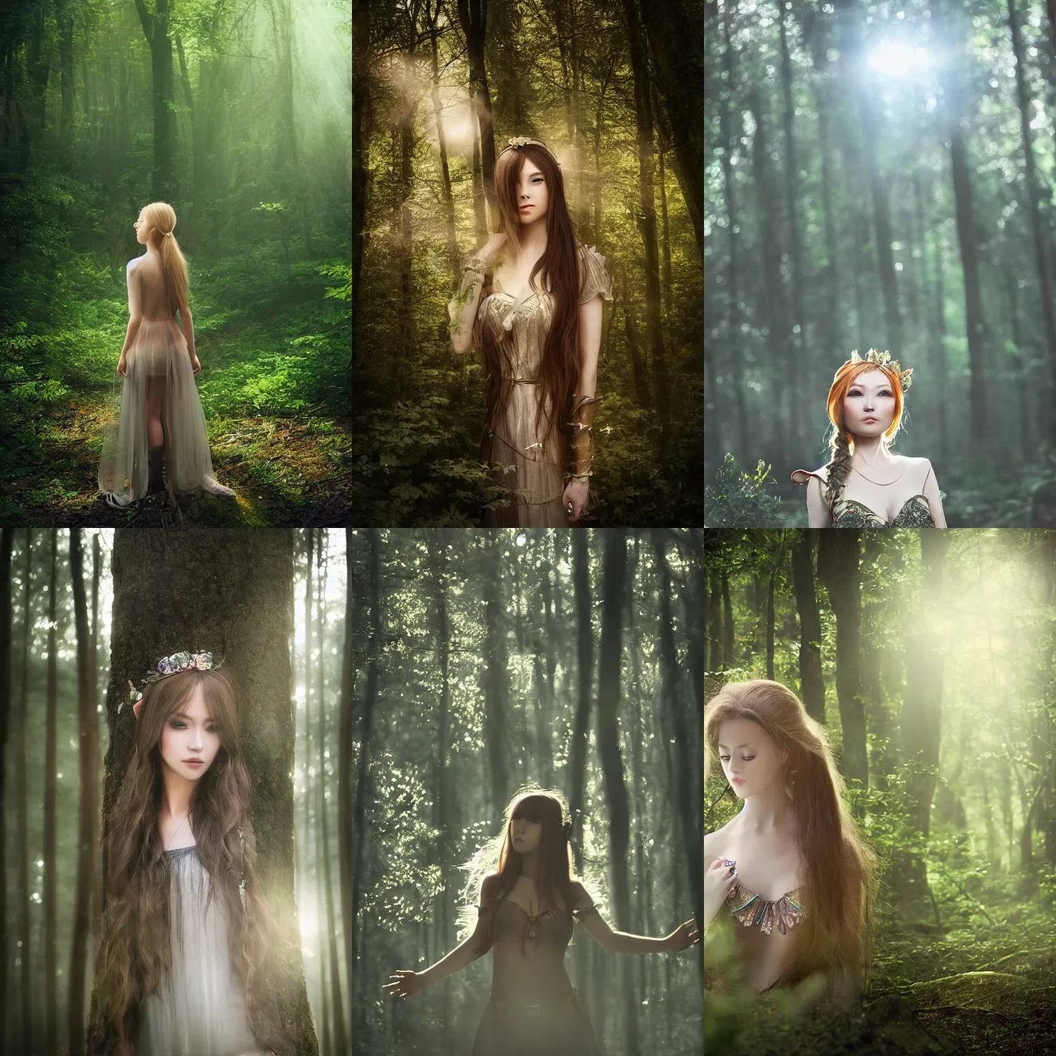 Prompt: beatiful elf princess in a secret forest, 3/4 chest view, hair jewellery, fully clothed, light mist, light rays sieving through the trees, shallow depth of field, by Yuumei