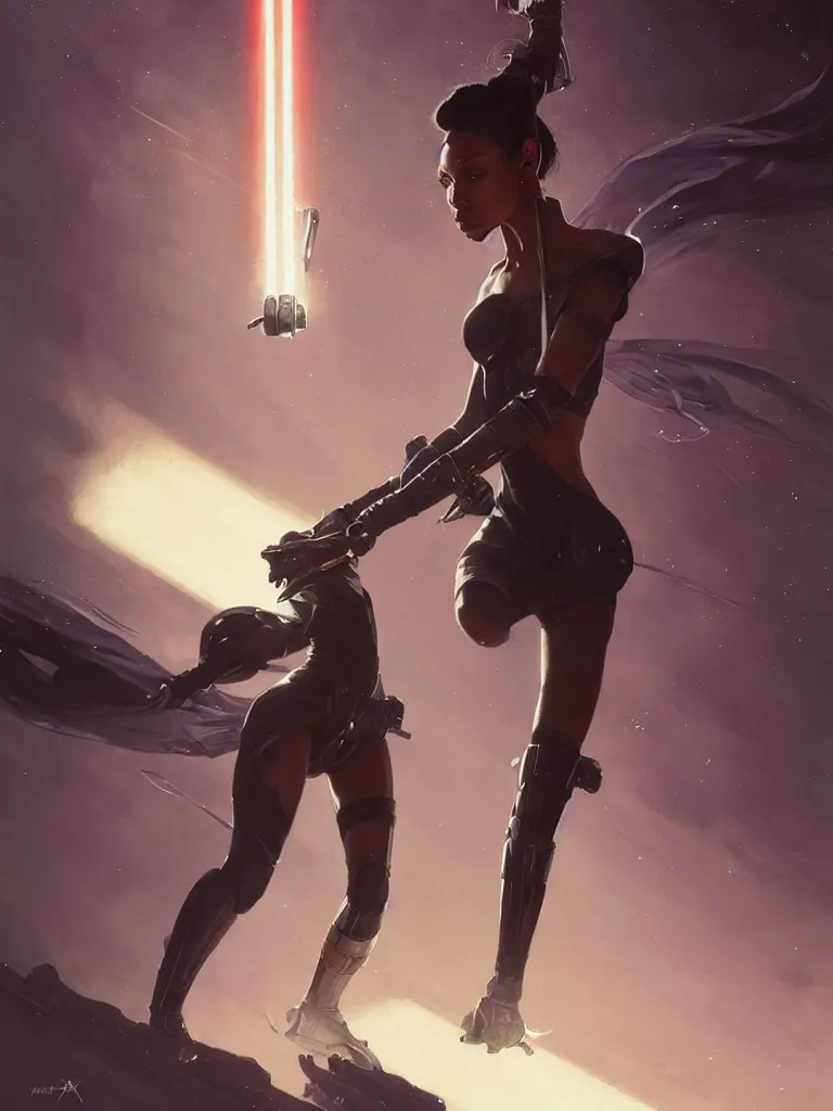 Image similar to star wars jedi master normani as aeon flux profile picture by Greg Rutkowski, dynamic pose, intricate, futuristic, fantasy, elegant, by Stanley Artgerm Lau, greg rutkowski, thomas kindkade, alphonse mucha, loish, norman Rockwell,