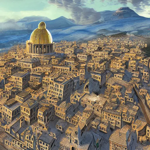 Prompt: an ultra detailed tarot card of the mountain city of galic, grid shaped city cobblestone streets, roman and scottish fantasy city, the morning after a heavy snowfall, wind, inspiring roman golden age architecture, lofty domed building with minarets, ultrawide lense, aerial photography, unreal engine, exquisite detail, 8 k, art by brandon sanderson and robert jordan