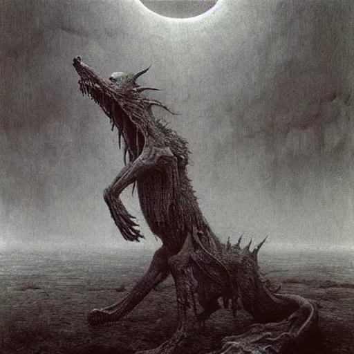 Prompt: fenrir beksinski, eldritch, apocalypse, creepy creature, horror spooky