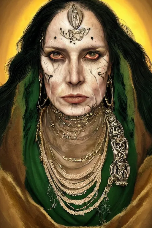 Image similar to portrait, headshot, digital painting, of a 17th century, beautiful, middle aged, middle eastern, wrinkles, decadent, cyborg noble woman, dark hair, piercings, chains, tribal scars, amber jewels, baroque, ornate dark green opulent clothing, scifi, futuristic, realistic, hyperdetailed, concept art, dramatic backlighting, golden hour, cinestill, art by syd mead