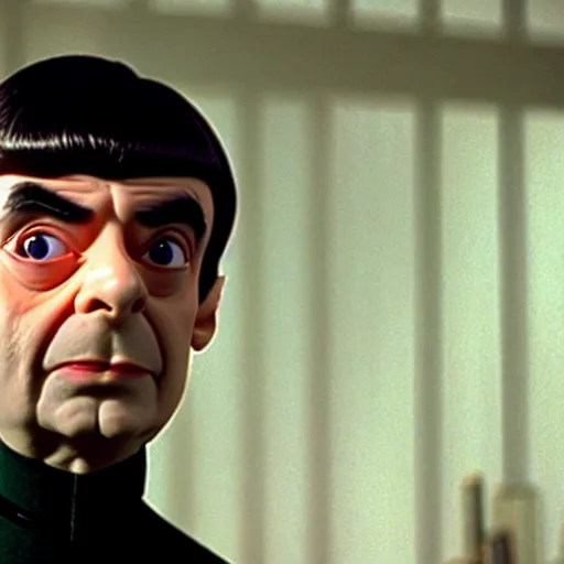 Image similar to Movie still of Mr. Bean as Spock from Star Trek, direct gaze