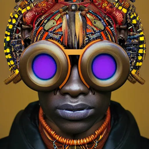 Image similar to colourful vfx upper half - portrait - art of a african tribal chief wearing steam punk goggles, art by utagawa kunisada & james jean, symmetrical, intricate detail, concept art, volumetric light, ray tracing, caricature, digital illustration, octane 3 d render, unreal engine, sharp, pinterest, behance, art station,