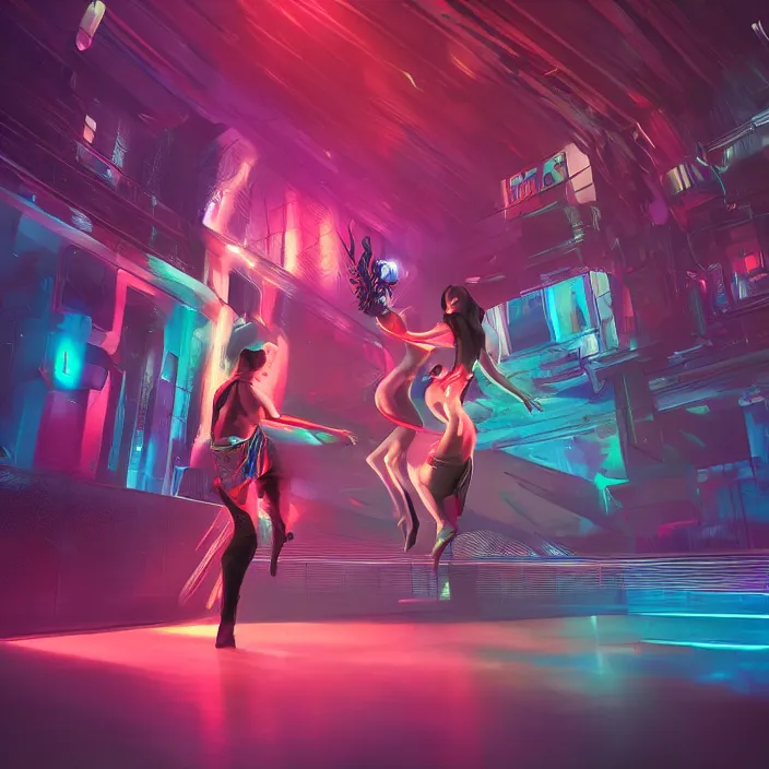 Image similar to two dancers in a virtual club, by artur sadlos, highly detailed, cyberpunk themed, indicate details, cinematic lighting, bright colors, ultra realism, rendered in unreal, sci - fi concept art, video game cinematic
