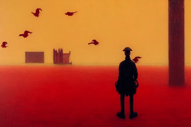 Image similar to only with red, a red dystopic knight, venice, flock of birds in the red sky, in the style of beksinski, parts by edward hopper, parts by rodcenko, parts by yue minjun, intricate and epic composition, red by caravaggio, insanely quality, highly detailed, masterpiece, red light, artstation, 4 k