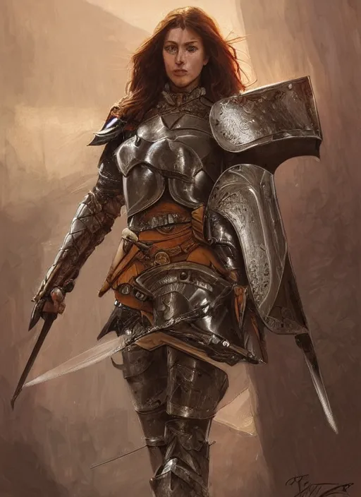 Image similar to portrait of a rugged female as a bruised knight with a shield and armor, fantasy, intricate, headshot, highly detailed, digital painting, artstation, concept art, sharp focus, cinematic lighting, illustration, art by artgerm and greg rutkowski, alphonse mucha, cgsociety