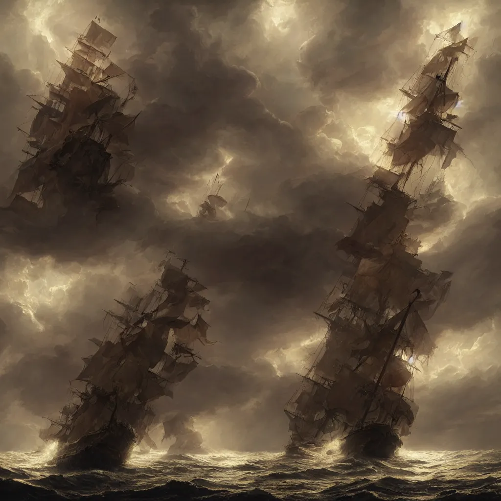 Prompt: pirate ship in a storm, hurricane, fantasy epic legends stylized digital illustration radiating a glowing aura illumination ray tracing hdr fanart arstation, 8 k, art by greg rutkowski, ultra detailed