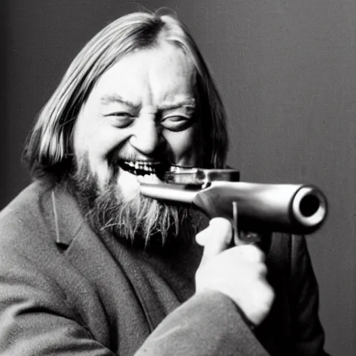 Image similar to robert wyatt laughing maniacally and shooting the viewer with his pistol