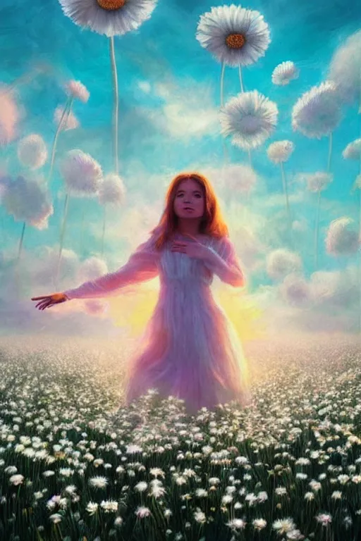 Image similar to veil giant white daisy flower as face, girl dancing in a flower field, surreal photography, sunrise, dramatic light, impressionist painting, colorful clouds, digital painting, artstation, simon stalenhag