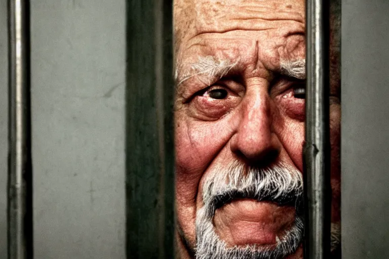 Image similar to an 8 5 mm portrait of a old man in prison looking through the bars of his cell, by annie leibovitz, shallow depth of field, cinematic lighting