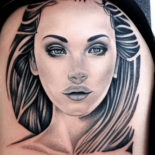 Image similar to tattoo design sketch of a beautiful girl face and beautiful mountains, hyper realistic