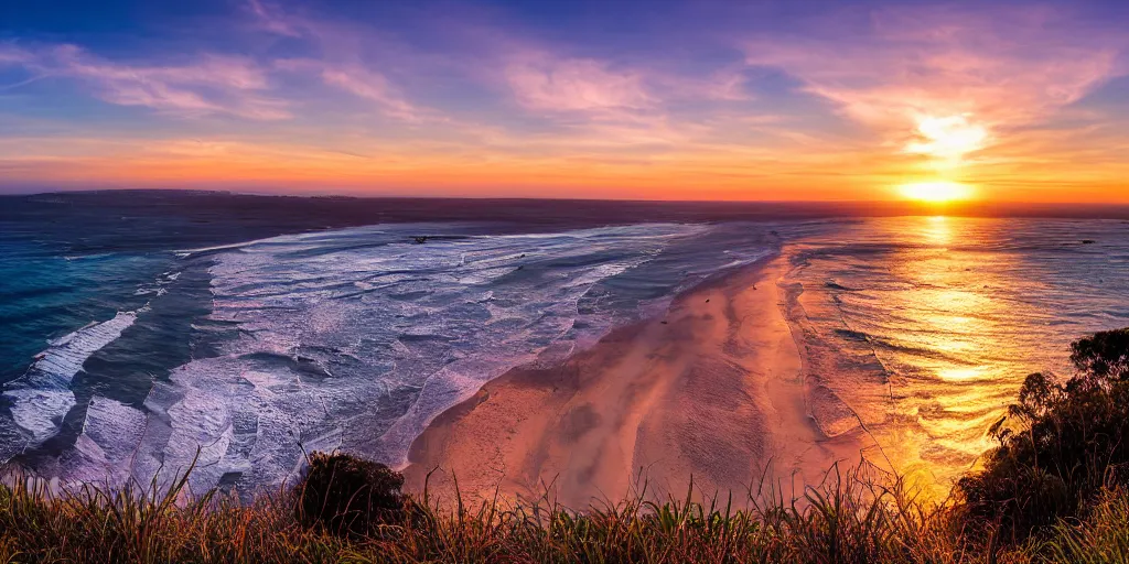 Image similar to sunrise over Byron Bay lighthouse, cinematic lighting, wide angle landscape photography, hyperrealistic, 8k