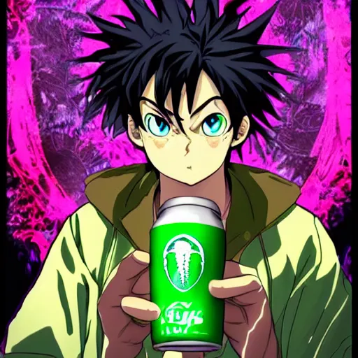 Prompt: akira, anime, drinking monster energy, beautifully backlit, swirly vibrant color lines, fantastically gaudy, n-3