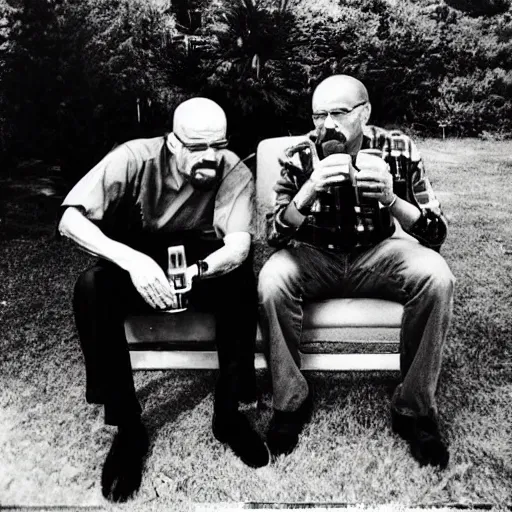 Image similar to Obama and Walter White sharing a beer at the family bbq, Polaroid image