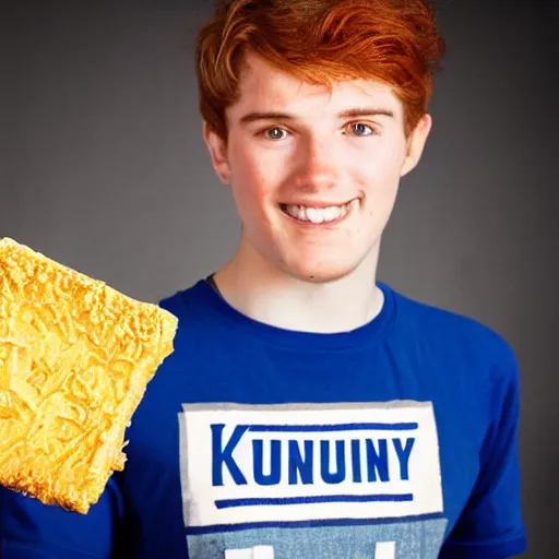 Image similar to photo of a young man with auburn hair, freckles, green eyes, and a kentucky fried chicken employee shirt, holding a piece of cheese shaped like kentucky