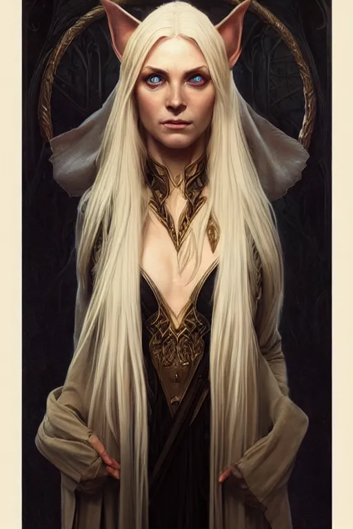 Image similar to portrait of an old blonde elven mage, dark, piercing eyes, gentle expression, elegant clothing, photorealistic, highly detailed, artstation, smooth, sharp focus, art by michael whelan, artgerm, greg rutkowski and alphonse mucha