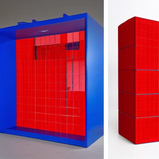 Prompt: red cube high top up, blue cube low under down