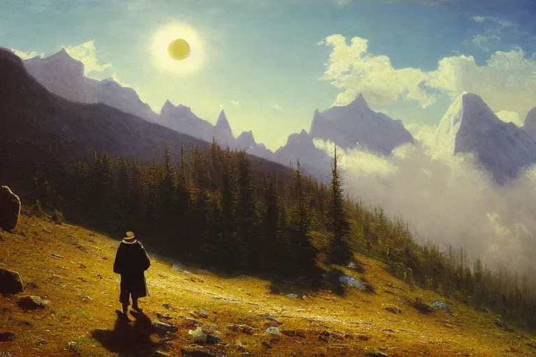 Prompt: a traveler wandering trough the mountains looking at the clouds, very detailed, focused, oil painting, cinematic lighting, albert bierstadt, trending on artstation, colorful, canvas, sunset, hans dahl, theodor kittelsen, hermann hendrich, national geographic, Konstantin Yakovlevich Kryzhitsky, greg rudkowski, beautiful nature, breathtaking