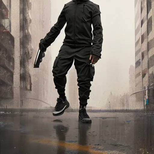 Image similar to A broad shouldered, muscular man in a Acronym Riot Division Nike techwear outfit, wearing black Acronym P31-ds pants, beige-earth Parka jacket, trending on r/techwearclothing, high quality, digital art, dirty cyberpunk city, rain, greg rutkowski