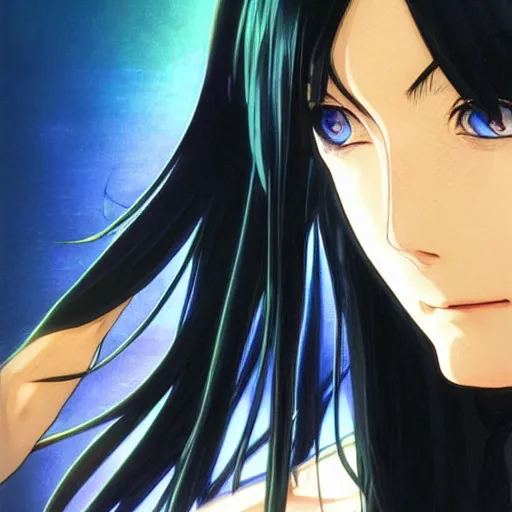 Image similar to highly detailed vfx portrait of nico robin by eiichiro oda!, makoto shinkai, alphonse mucha, art by artgerm and greg rutkowski!, backlit, harsh overhead sunlight, blue eyes!!, large aquiline nose!!, kaoru mori, best of behance, concept art, matte, sharp focus, illustration,