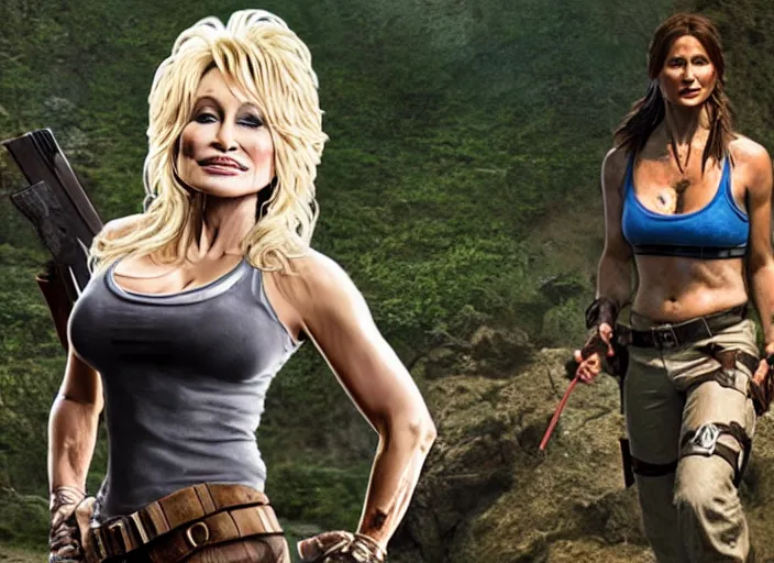 Image similar to film still of!!!! dolly parton!!! as lara croft in new tomb raider movie, 8 k