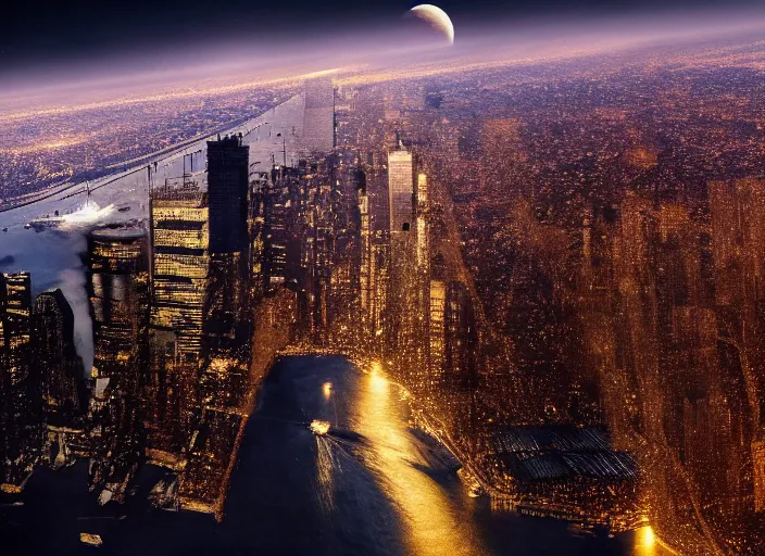 Image similar to film still of the moon breaking into pieces over manhatten in the new disaster movie, 8 k, night time