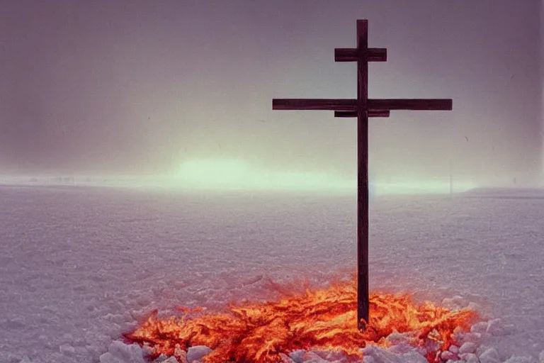 Prompt: a cross set ablaze on a snow covered field, surreal frozen landscape, painting by beeple and zdzisław beksinski, a matte painting by li shida, cgsociety, context art, redshift, matte painting, reimagined by industrial light and magic