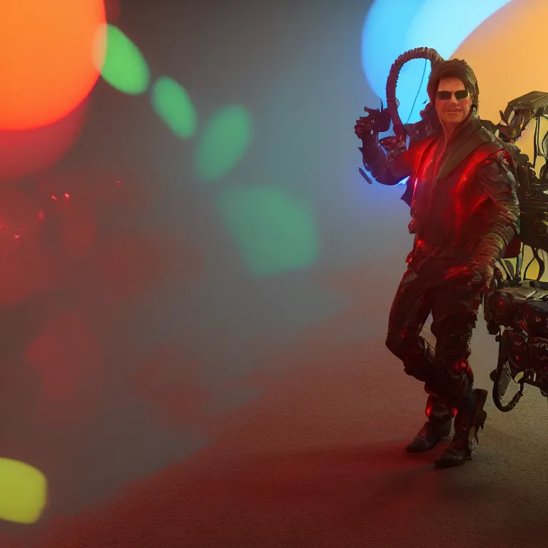 Image similar to a cinematic shot of Tom Cruise wearing jester costume, colorful, octane render, volumetric lighting, nvidia raytracing demo, by Andy Thomas, Mario Martinez, Daniel Mirante, Gustave Dore, Artstation, CGsociety, masterpiece