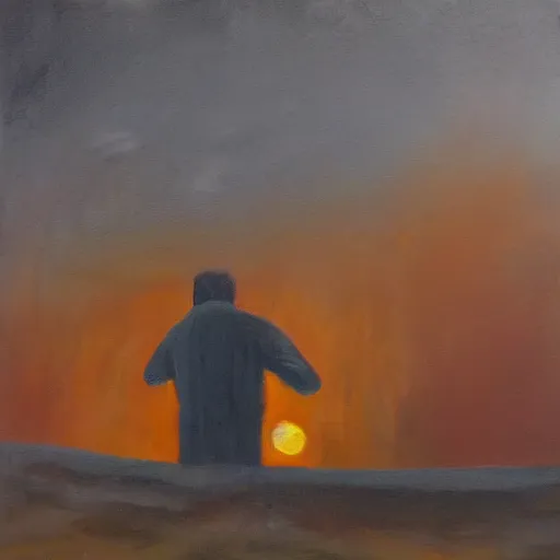 Image similar to man waking up to realize that the world is over and all that is left is ashes all around him. the reddish orange sun creates a gray haze that illuminates all the fallen buildings oil painting 1 5 0 mpx