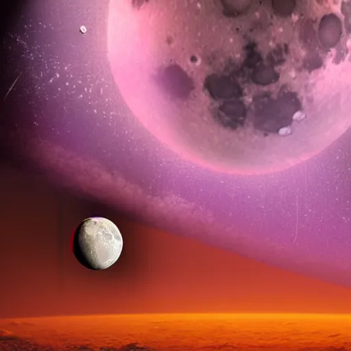 Image similar to moon with atmosphere seen from space lightning storm pink cinematic photorealistic very detailed