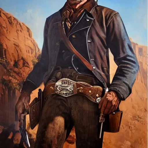 Image similar to oil painting of cowboy clint eastwood in rdr 2, western town, dusty street, sunrays, dramatic, very very very beautiful art